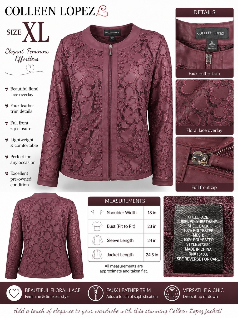 Colleen Lopez Plum Floral Lace Zip Jacket with Faux Leather Trim SIZE XL